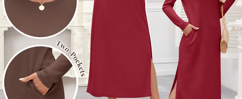 ANRABESS Women Long Sleeve Dresses 2025 Fall Casual Crewneck Loose Fit Split Flowy Wrinkle-Free Travel Vacation Maxi Dress