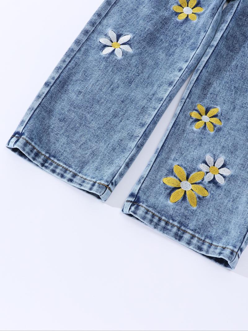 Vintage Light Blue Washed 3D Snowflake Jeans, Elegant Floral Embroidery Design, Perfect for Daily & Casual Wear, Fashionable Girls' Denim