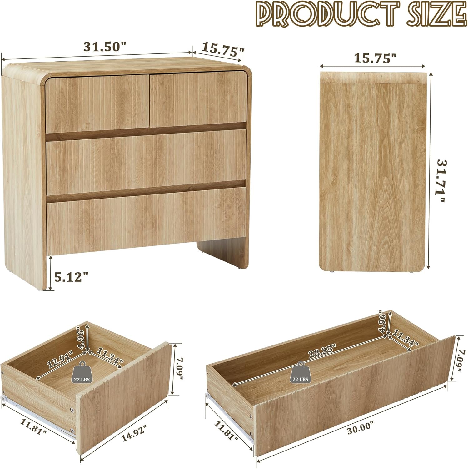 Giratree Fluted 4 Drawer Dresser for Bedroom Mid Century Modern Wide Chest of Drawer Curved Edge Wood Closet Dresser Nightstand with Storage for Bedroom Living Room Hallways Sideboard