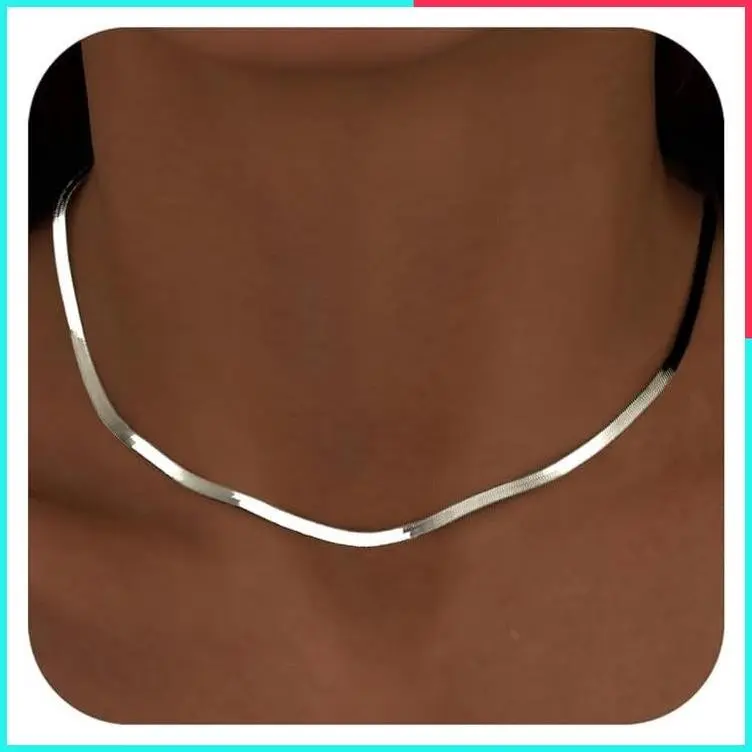 14K Gold Silver Plated Herringbone Necklace for Women, Dainty Snake Chain Choker, Trendy Non Tarnish Layered Jewelry, 3/4/5/8mm, 14-26 Inch Thin & Chunky Options