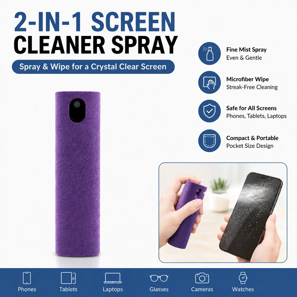 2-in-1 Ultra-fiber Screen Cleaner (Empty), Screen Cleaning Tool for Mobile Phone, Computer, TV Navigation, Camera Care Tool, Cleaning Kit-YY0
