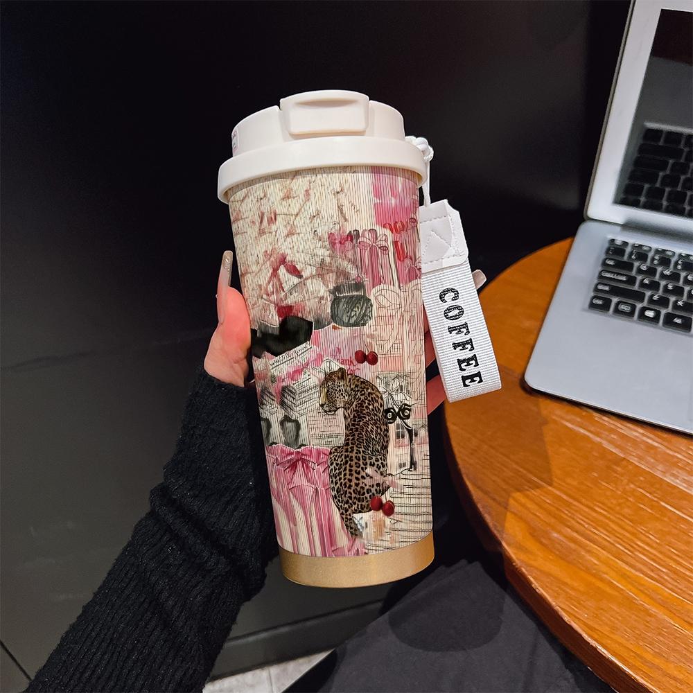 Abstract Leopard Print Coffee Cup, Portable Dual Drink Insulated Tumbler, Keeps Hot/cold, Boho Style, Ideal for Office, Travel, Sports