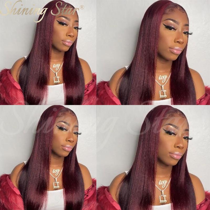 Peruvian Straight Hair Burgundy Lace Front Wig Human Hair Wigs for Women 99J Red Blonde Colored Wigs 180% Density 13*4 Human Hair Deep Part Wig on Sale