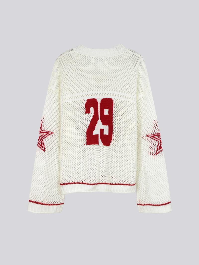 Women's V Neck Knit Pullover Sweater Long Sleeve Colorblock Hollow Out Star Number Design Fashion Casual Elegant Spring Summer Fall Wear