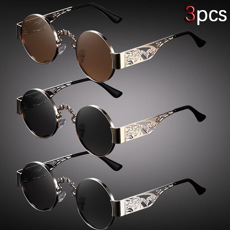 Unisex Double Dragon Hollow Metal Sunglasses, 3-Pair Vintage Set with Printed Temples, Lightweight Comfortable Eyewear for Casual Wear