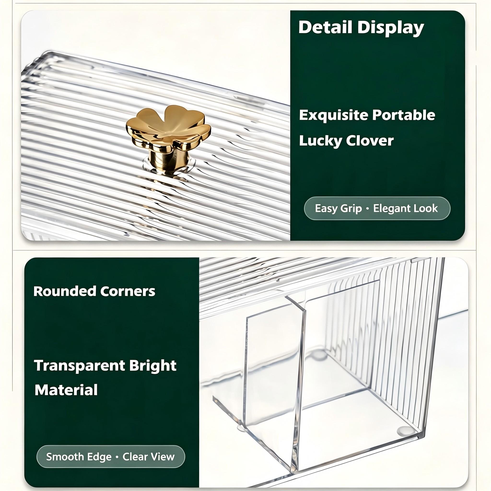 Clear Acrylic Makeup Organizer, 2‑Compartment Dustproof Vanity Storage Box with Lid, Ribbed Cosmetic Container with Lucky Clover Gold Knob for Cotton Pads, Q‑tips & Small Beauty Tools