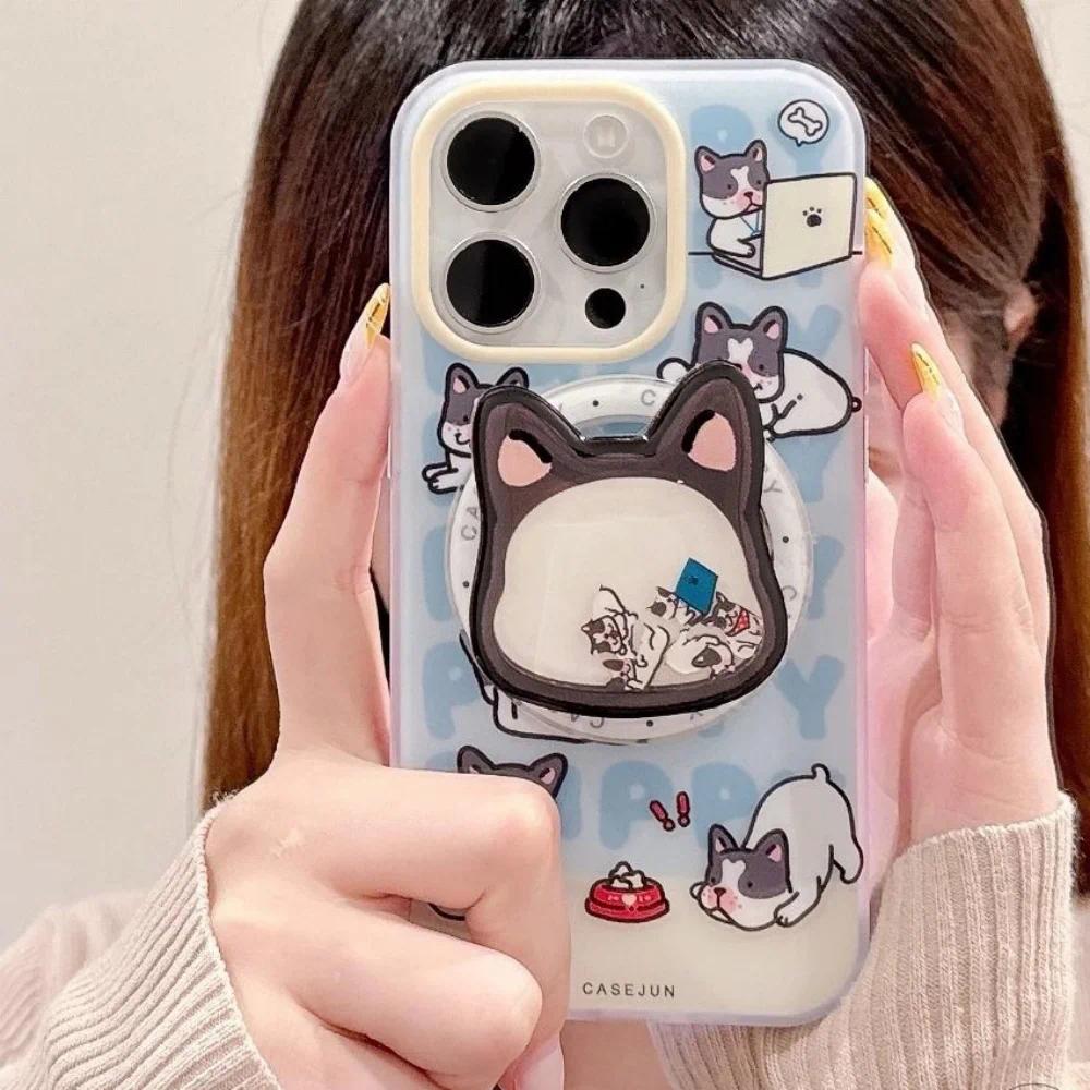 Ins Funny Cartoon Puppy Quicksand Shake for Magsafe Griptok Holder Phone Finger Ring Stand Support for IPhone 15 Girl Bracket, Accessories, Magnetic Grip
