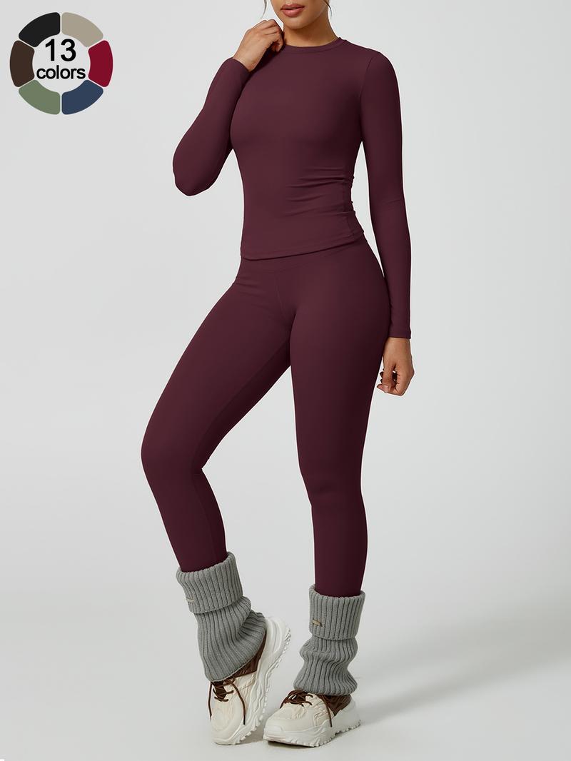Women's Solid Long-Sleeve Tee & High-Waist Leggings Set, Sporty Round Neck Top & Skinny Pants 2-Piece Set for Gym Workout and Running, Ladies Fall & Winter Sportswear, Sports Fitness Wear