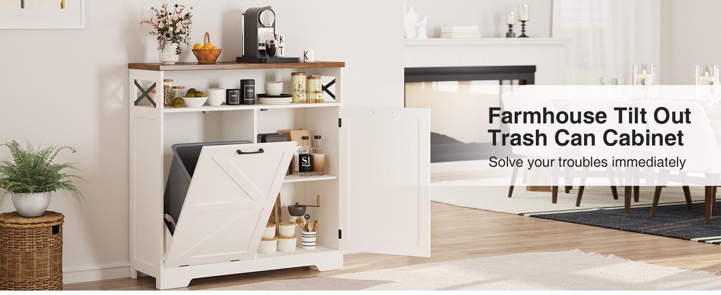 Vabches Tilt Out Trash Can Cabinet for 10 Gallon Trash Can, Farmhouse Kitchen Island Bin Cabinet with Adjustable Shelf for Hidden Laundry Basket, Dual Dog Proof Garbage Can for Dining Room, Living Room