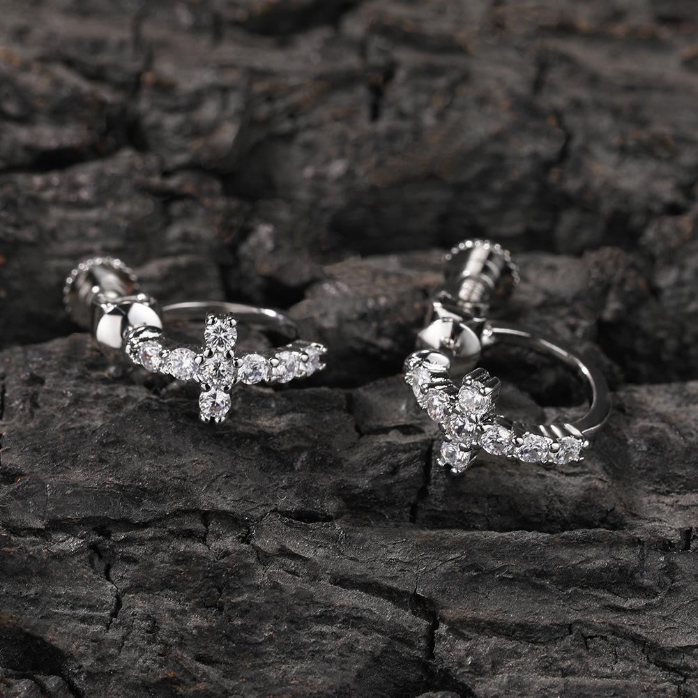 Classic hip-hop minimalist men's earrings, unique black spiral clasp cross earrings, zirconia earrings