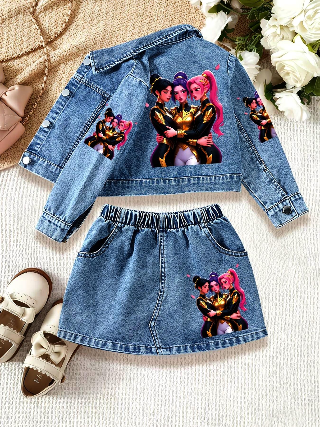 Girls' Cartoon Print Denim Jacket & Short Skirt Suits Set, Casual Fitted Design, Perfect for Spring & Fall, Ages 1-8, Ideal Gift