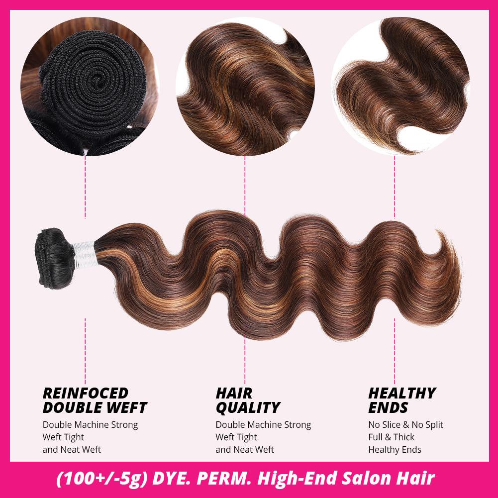 Ishow Brown Highlight Body Wave Bundles Brazilian Ombre Brown Bundles Human Hair Sew in Colored Quick Weave Bundles Human Hair with 4x4 Closure