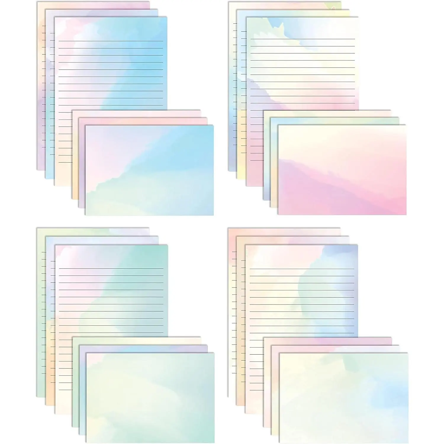 Mini Stationery Set, 100 count Set (50 Lined Watercolor Sheets + 50 Matching Envelopes), 5.5 x 8.25 inch, 12  Designs, Double Sided Printing,  Side Lined Paper,
