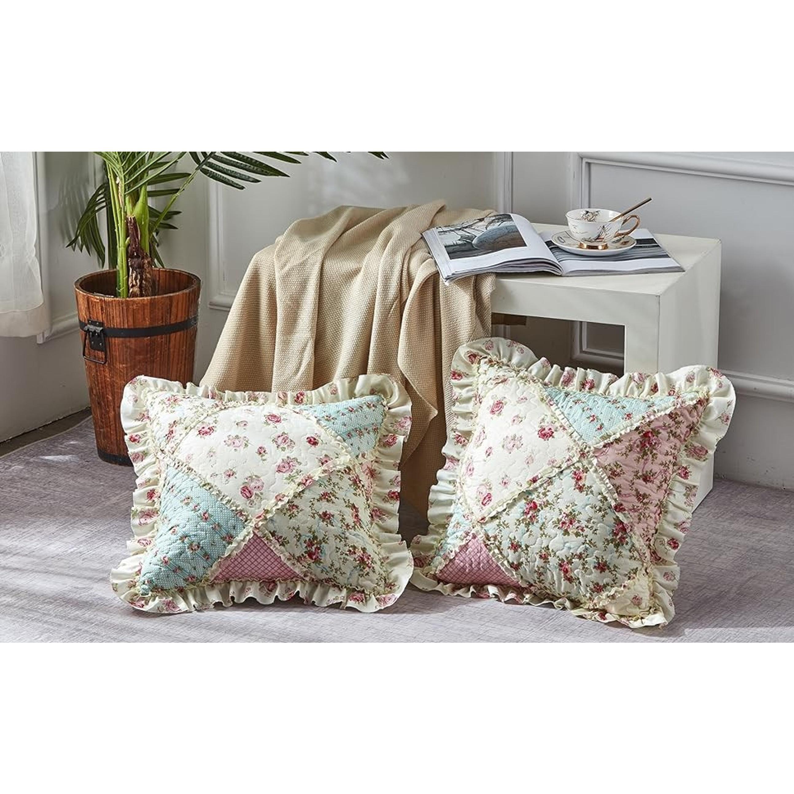 Pink & Green Roses Ruffle Pillow Shams Set, 18 x 18 Inches, Patchwork Quilted Pillow Covers with Ruffles, Washable Throw Cushion Cases for Couches and Beds, Pack of 2Gift Pink & Green Roses Ruffle Pillow Shams Set, 18 x 18 Inches, Patchwork Quilted Pillow Covers with Ruffles, Washable Throw Cushion Cases for Couches and Beds, Pack of 2Gift