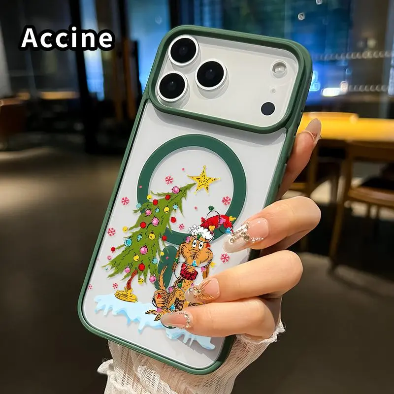 Magnetic Casing for iPhone 18/17/16 Pro Max Plus/15/14/13/12/11/Air E - Strong Magnets, Steady Hold, Wireless Charging-Supporting, Slip-Resistant, Non-Yellowing Shockproof Slim Softcase, Transparent Acrylic Doggy Christmas Pattern Phone Accessory