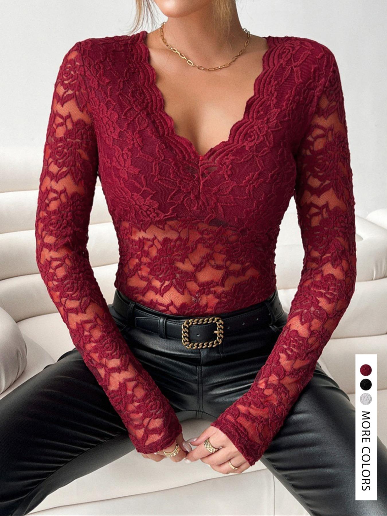 Elegant Women's V-Neck Fan Collar Plain Long Sleeve Slim Fit Lace Blouse, Sexy Style, Perfect for Casual Wear