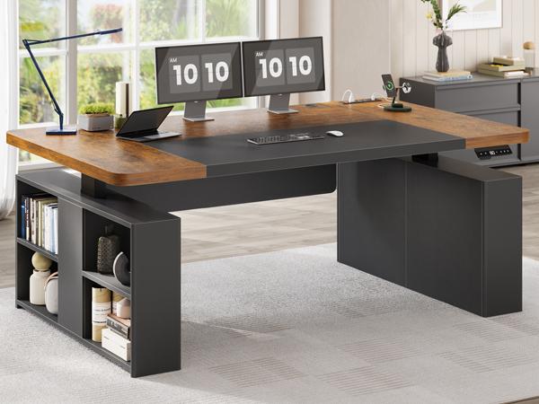 SEDETA 63 Inch Executive Standing Desk Electric Height Adjustable Computer Office Desk with Storage Shelves Power Outlets Privacy Panel