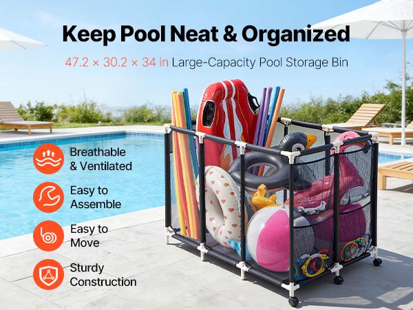 Summervibes VEVOR Pool Storage Bin, 47.2x 30.2x 34 in, Rolling Pool Float Storage Organizer with Side Pockets Casters, Heavy Duty Plastic Frame, Poolside Toys Noodles Holder Mesh Basket for Swimming Pools