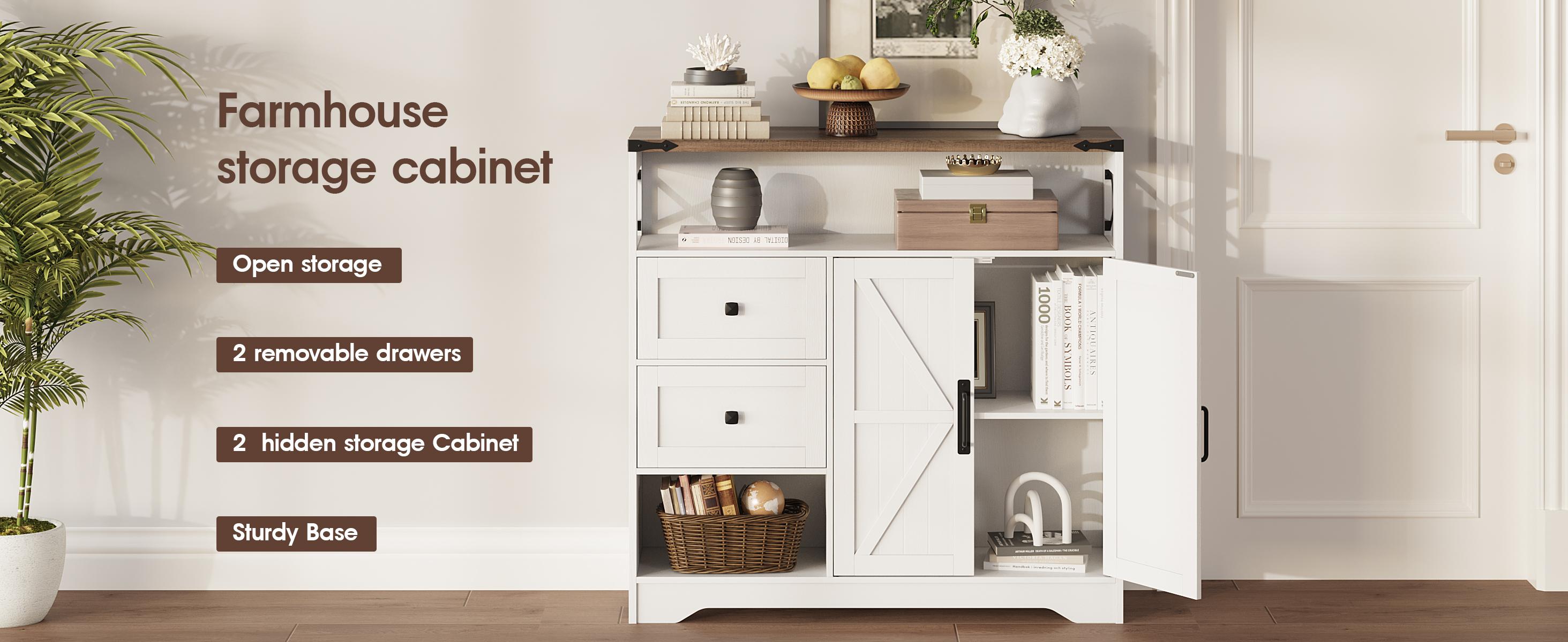 Vabches Farmhouse Storage Cabinet with Drawers and Open Storage,Freestanding Kitchen Pantry Storage Cabinet with 2 Barn Doors, Floor Storage Cabinet for Kitchen, Living Room
