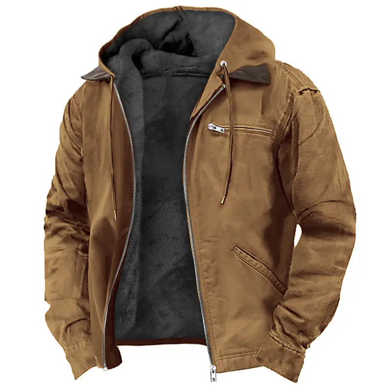 Men’s Solid Color Hooded Jacket, Fleece Lined Zip Up Coat with Pockets, Warm Casual Winter Outerwear for Men