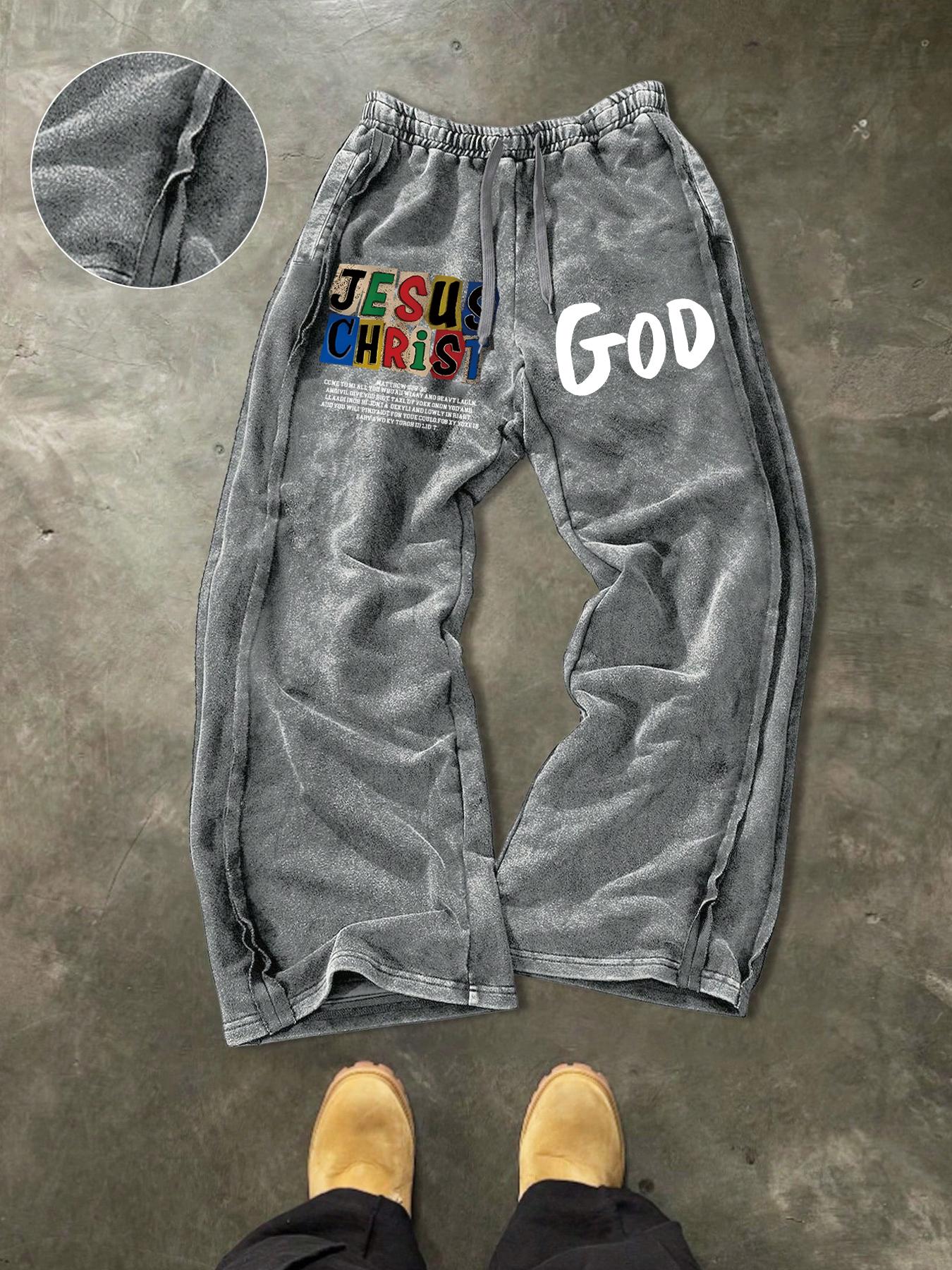 Men's Washed Cotton Sweatpants, Side Hem Stitching Long Pants, Jesus Print, Multiple Colors Available, Casual Fitted H-Type