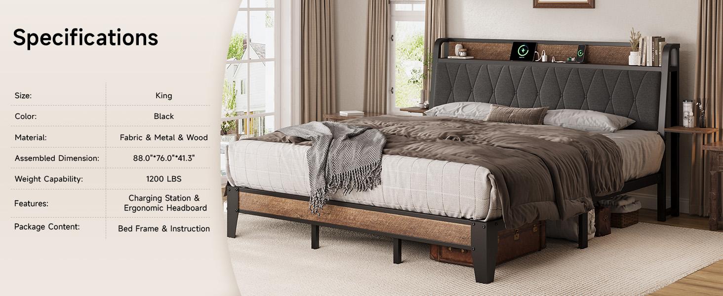 【SPOTLIGHT DAY】ONBRILL Queen Bed Frame with Side Storage Shelves, Comfy Storage Headboard with Charging Station, Platform Bed Frame, Metal Heavy Duty, No Box Spring Needed, Easy Assembly, Bedroom Furniture