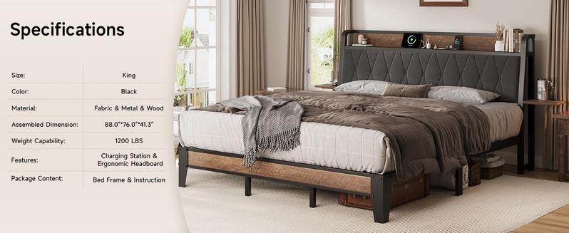 【Valentine's Day gift】ONBRILL Queen Bed Frame with Side Storage Shelves, Comfy Storage Headboard with Charging Station, Platform Bed Frame, Metal Heavy Duty, No Box Spring Needed, Easy Assembly, Bedroom Furniture