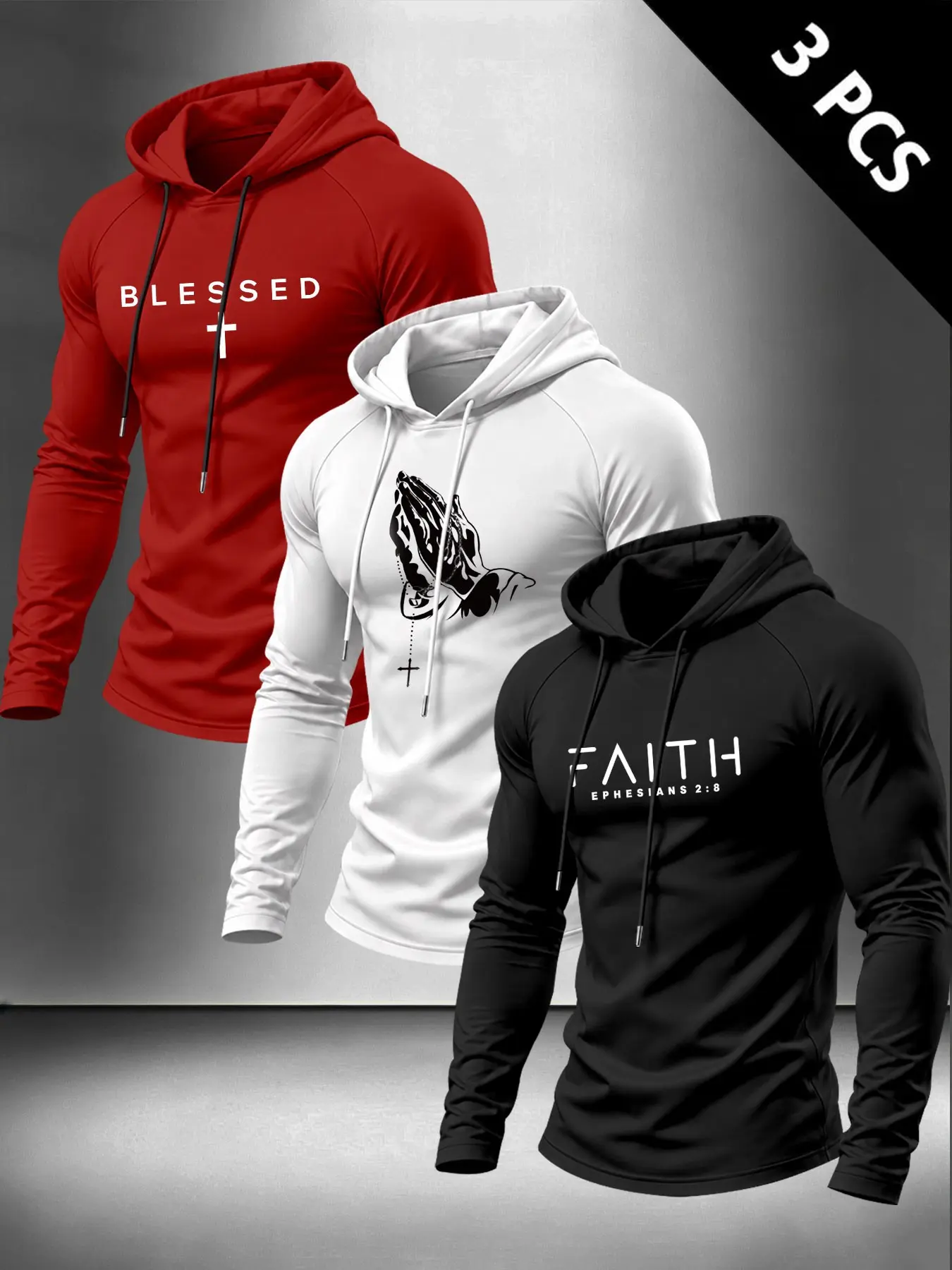Hot Selling 3Pcs Men Hooded Long Sleeve Tops, Faith Blessed Praying Hands Cross Graphic Print, Fitted Workout Pullover Hoodies, Sport Training Tops For Gym Fitness And Daily Street Lifestyle#MensHoodies #FaithGraphic #GymApparel #MensFitness