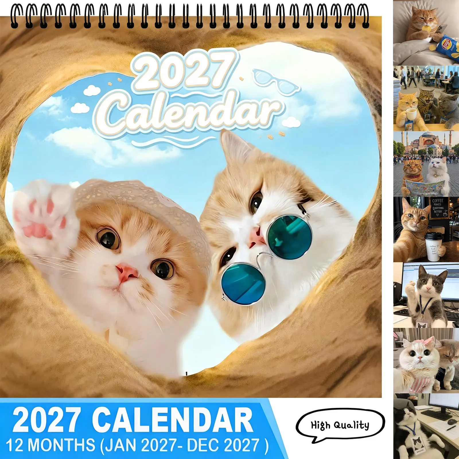 2027 Cute Cat Calendar, 12‑Month January‑December High Quality Adorable Cat Photo Illustrations, Home Office Decoration Wall Calendar, Unique Birthday Holiday Gift for Cat Lovers,New Year Calendar