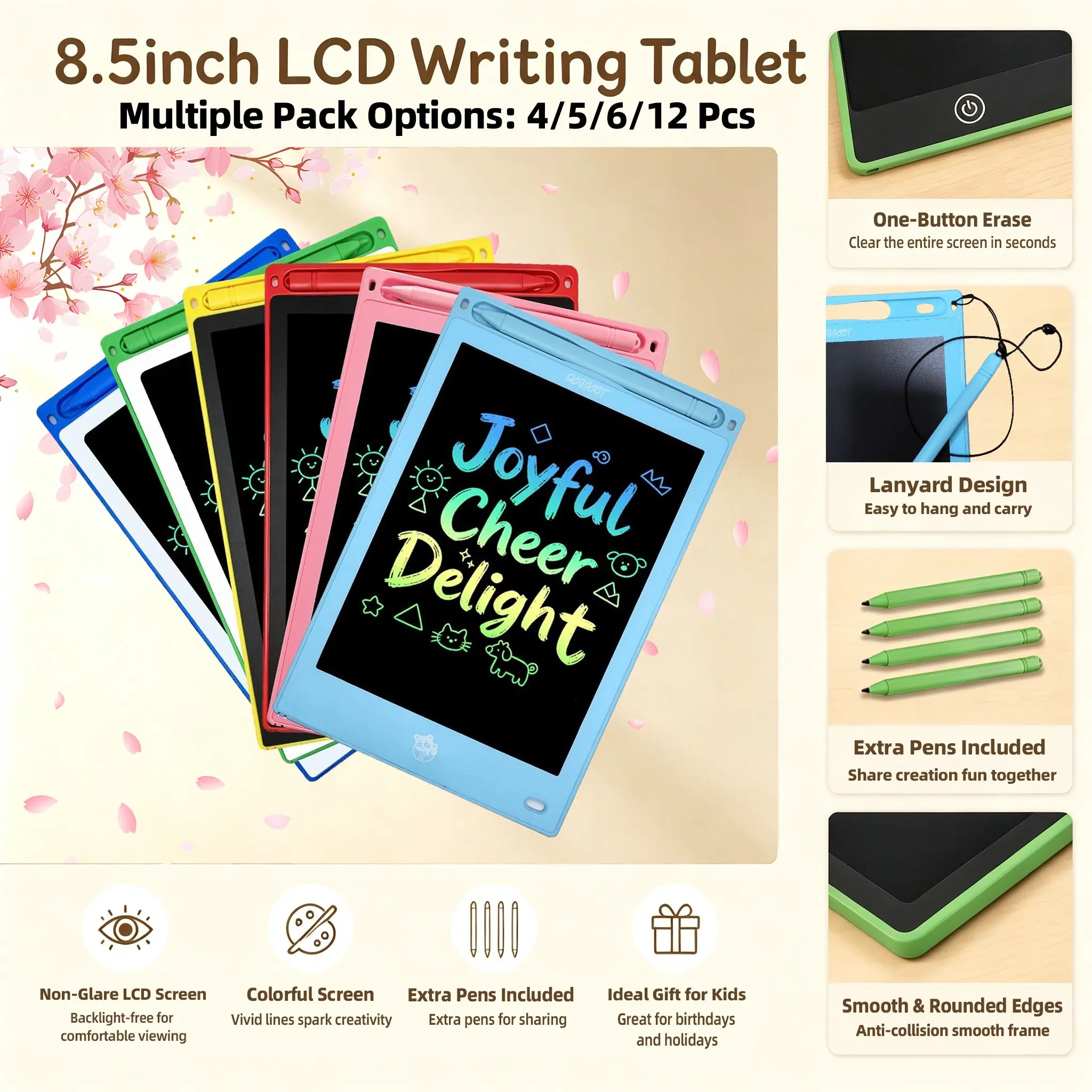 4/5/6/12 Pack LCD Writing Tablets, Erasable Portable Electronic Drawing Board for Notes, Calculation & Creative Painting, with Anti-Lost Lanyards and 8/10/12/24 Stylus Pens, Digital Drawing Pad