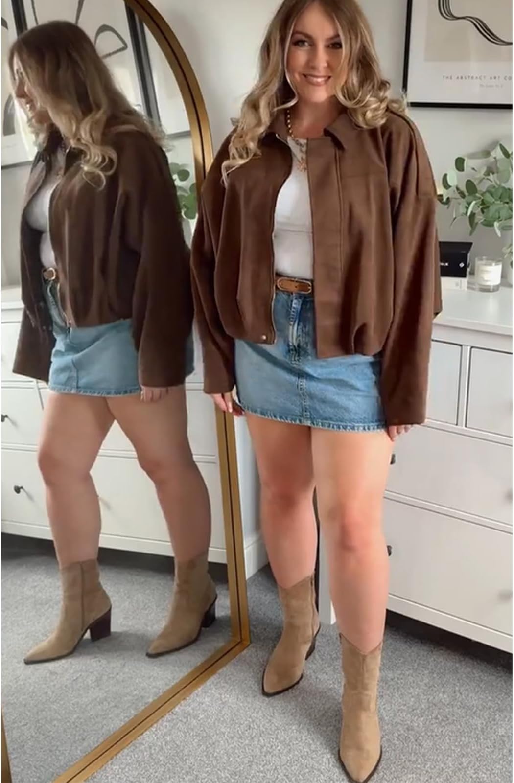 Buenoble Women's Faux Suede Bomber Jackets Cropped Fall Winter Lapel Motorcycle Coats Streetwear Outerwear with Pockets Tops Womenswear Basic Brown Casual Long Sleeve