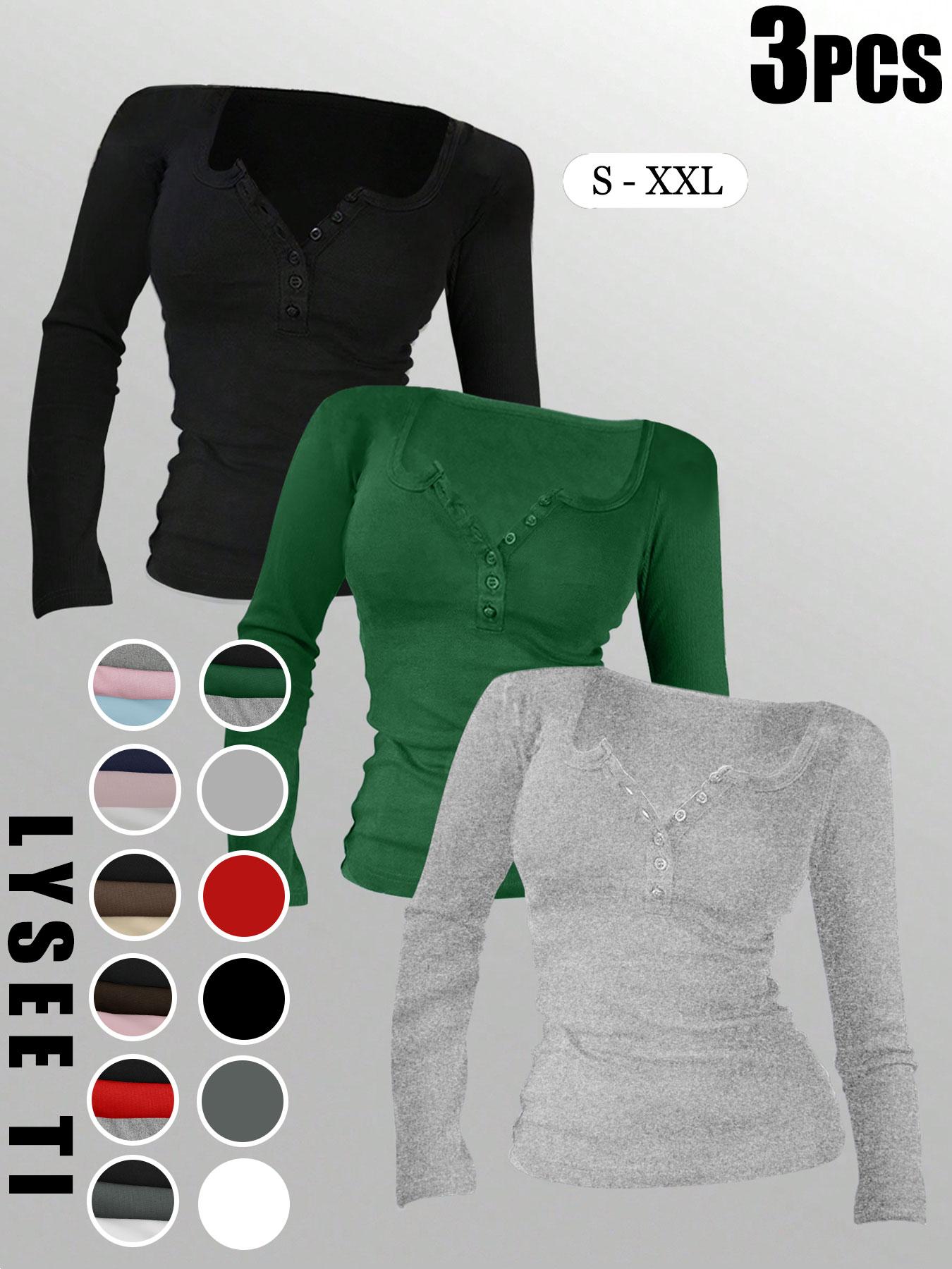 3pcs Autumn And Winter Women'S Casual Fashion Sporty Tee Set, With Multi Button Design, Solid Color Round Neck Long Sleeved Top, Athleisure Wear Set