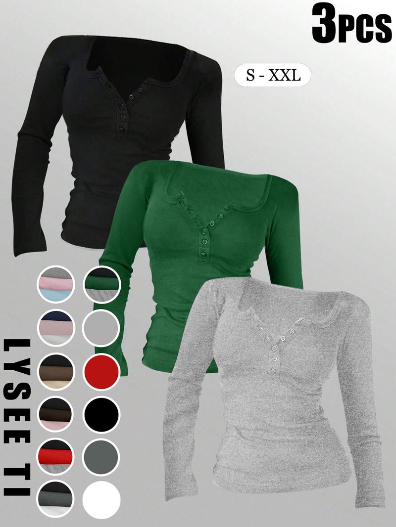 3pcs Autumn And Winter Women'S Casual Fashion Sporty Tee Set, With Multi Button Design, Solid Color Round Neck Long Sleeved Top