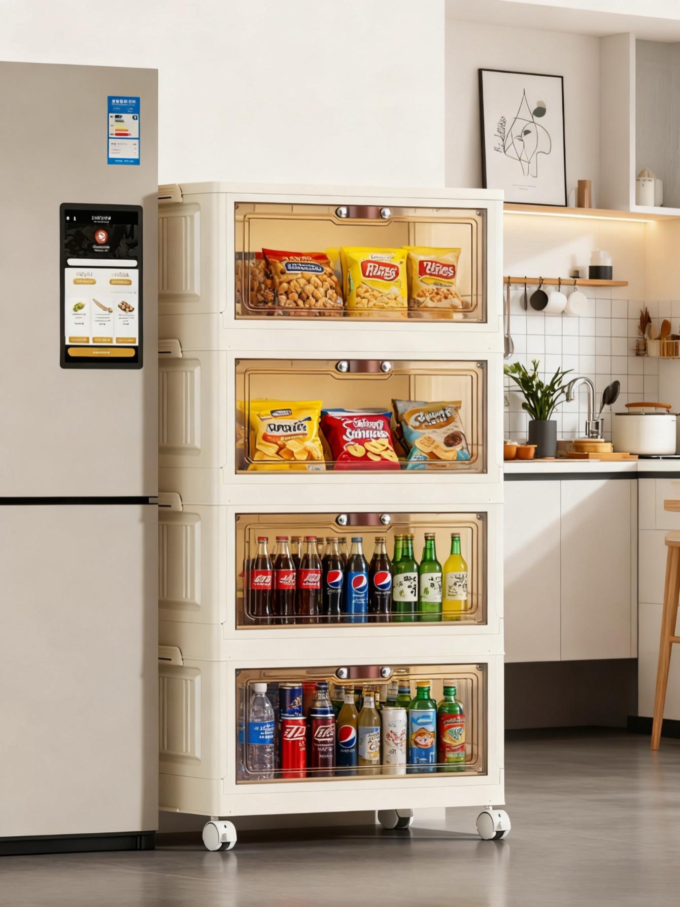 Foldable Storage Bins with Lids，Stackable Home Storage Cabinet Organizer for Closet - 4/5/6-Tier Stylish Plastic Storage Containers with Magnetic Doors & Wheels, Waterproof Collapsible & Portable Storage Solution, Collapsible Storage Box, Kitchen Pantry