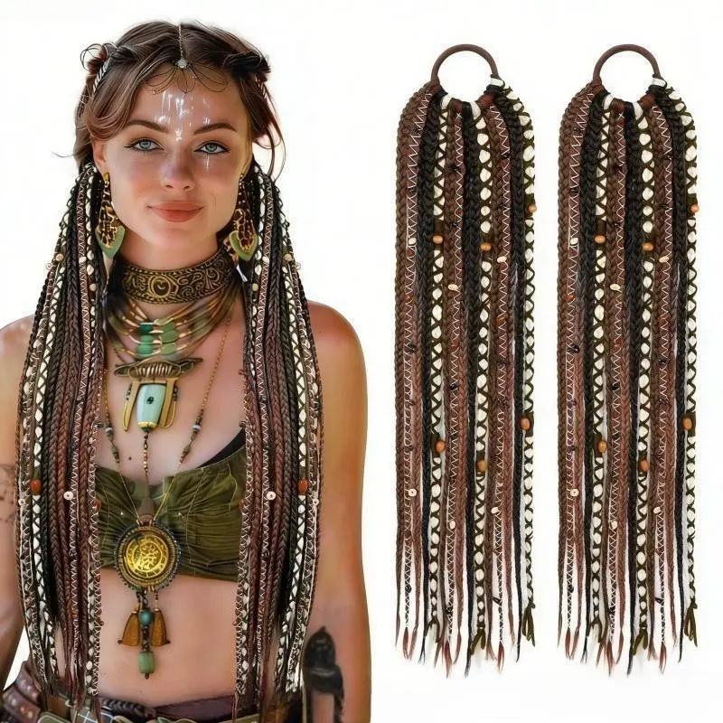 Boho Braided Ponytail Hair Extension with Loc Beads, Handmade Bohemian Braided Hair Piece, Natural Stylish Hair Accessory for Music Festivals, Beach Vacations & Daily Boho Outfits