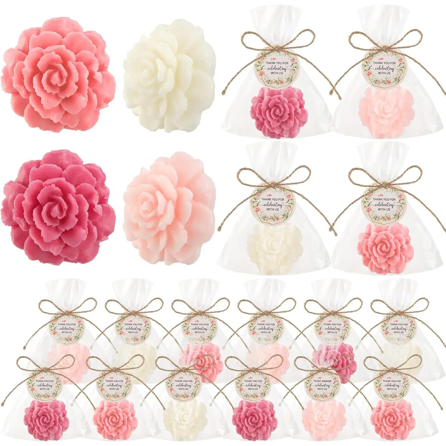 Demissle 20 Sets Mini Flower Soaps Baby Shower Wedding Favors Handmade Scented Soaps Bridal Shower Favors with Thank You Tags Bags for Guests Return Gift Birthday Gender Reveal Party (Dark Pink)