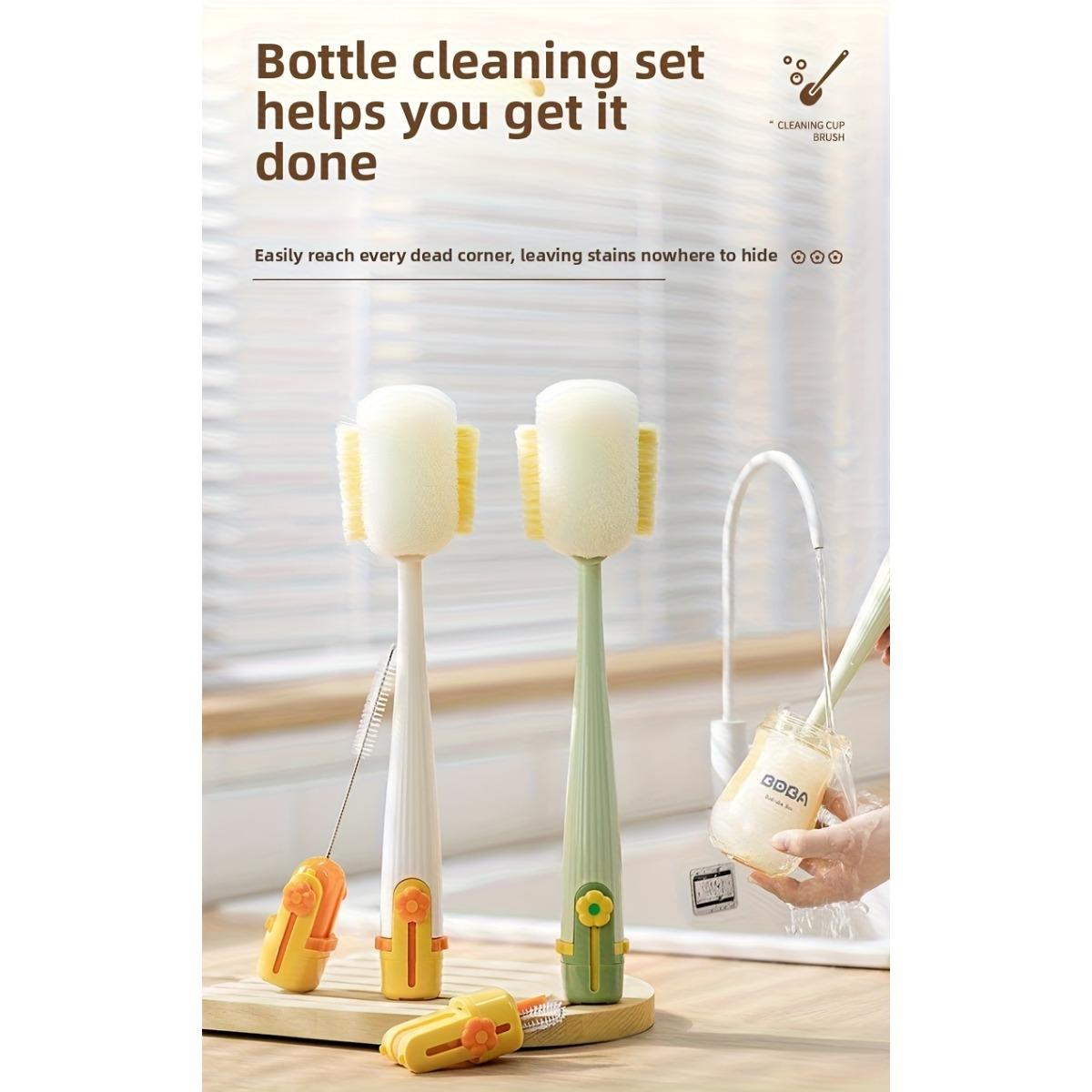 Long-handled Cup Brush Set - Multi-functional Cleaning Tool, Safe Sponge and Stiff Bristle Heads for Bottles/Lids, Detachable Deep Cleaning Dish Scrubber