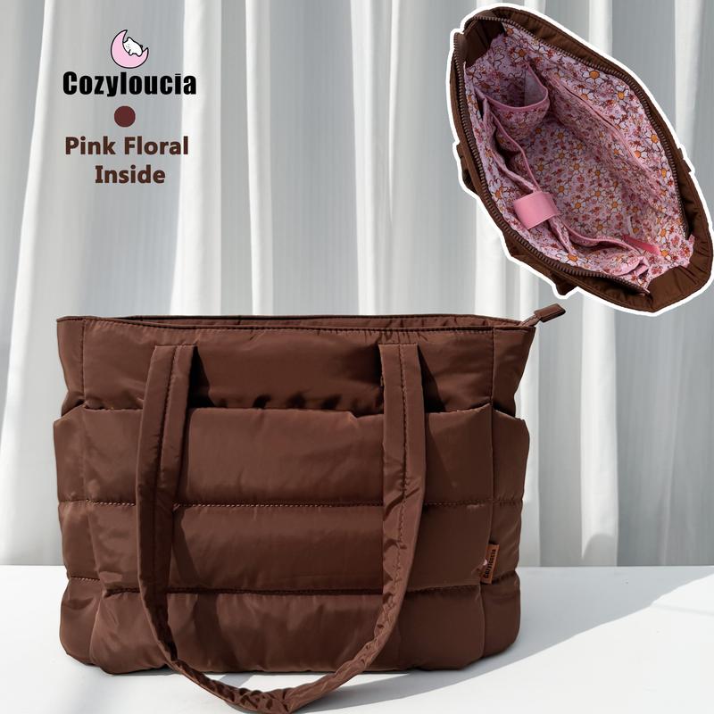CozyLoucia Cute Puffer Tote Bag for Women Pink Flower Print Interior Laptop Shoulder Handbag, Lightweight Best Tote Bag for Work with Multiple Compartments for Travel , Work  and School ,Christmas Gift Ideas