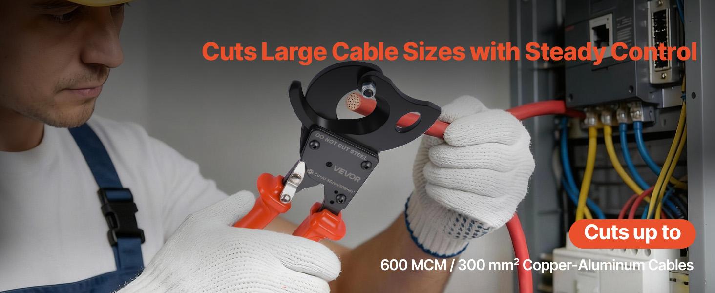 VEVOR Ratcheting Cable Cutter, Spring Steel Blades with PVC-Coated Handles, Quick-Release Button, Heavy Duty Ratchet Cable Wire Cutter for Cutting Copper Aluminum Cables Up to 600 MCM/ 300 mm