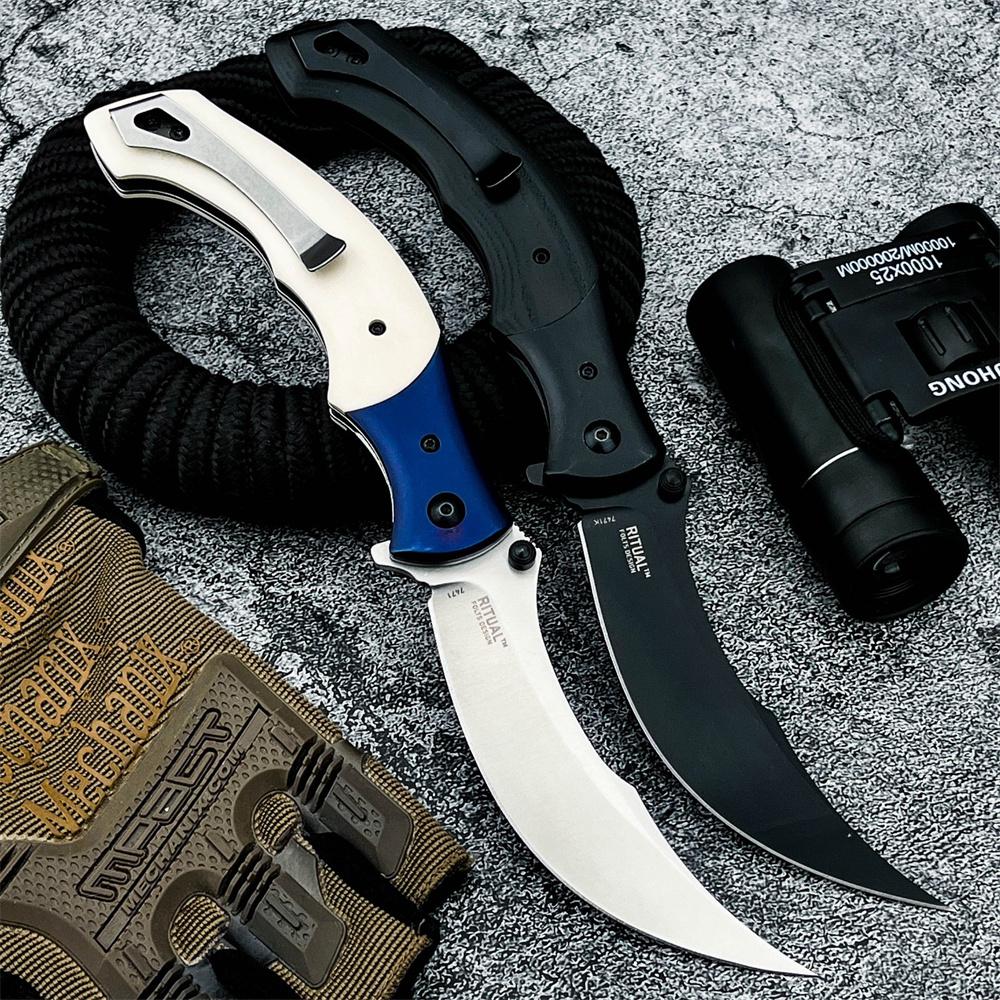 Two colored 7471 best-selling folding knives, featuring 8Cr13Mov steel blades and handles crafted from ebony wood and resin. Portable, practical pocket knives, Survival tools, ideal for outdoor camping, hiking, fishing