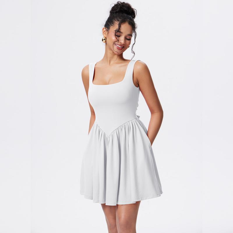 OYV Women's Summer Sleeveless Square Neck A-line Ruffle Hem Mini Tank Dress with Pockets