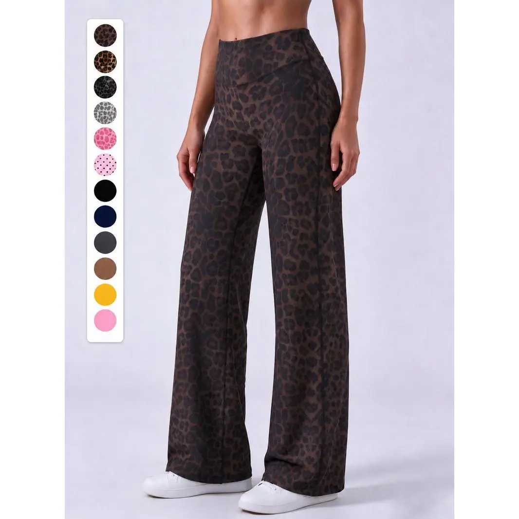 RICH BRIA Women’s Light Simple Leopard-Print Wide-Leg Pants - Elastic Waistband, Fluid Drape, Straight Cut, Regular Length for Women Height 5'0"-5'2", Outdoor Fit, Multiple Solid & Printed Colors for Casual Wear