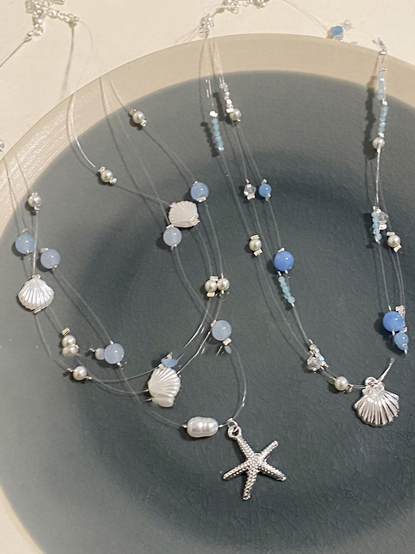 Elegant Multi-Layer Silver Color Glass Pearl Shell Starfish Pendant Necklace, Women's Fashion Jewelry, Perfect Gift Idea