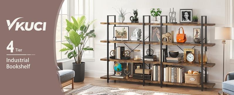 4-Tier Industrial Bookcase, 47 Inch Wide Wood Bookshelf, 120lbs Shelf Capacity, Rustic Open Shelving Heavy Duty Display with Reinforced Horizontal Brown Shelves for Living Room Bedroom Office