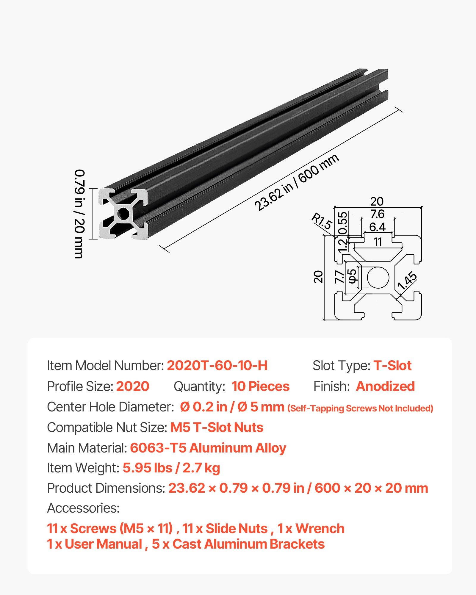 【FathersDayGift】 VEVOR 10PCS 2020 Aluminum Extrusion Profile, 23.62 Inch 600 mm, T Slot European Standard Anodized Linear Rail, High-Strength Extruded Aluminum Rail, for 3D Printer Parts and CNC DIY Workbench, Black