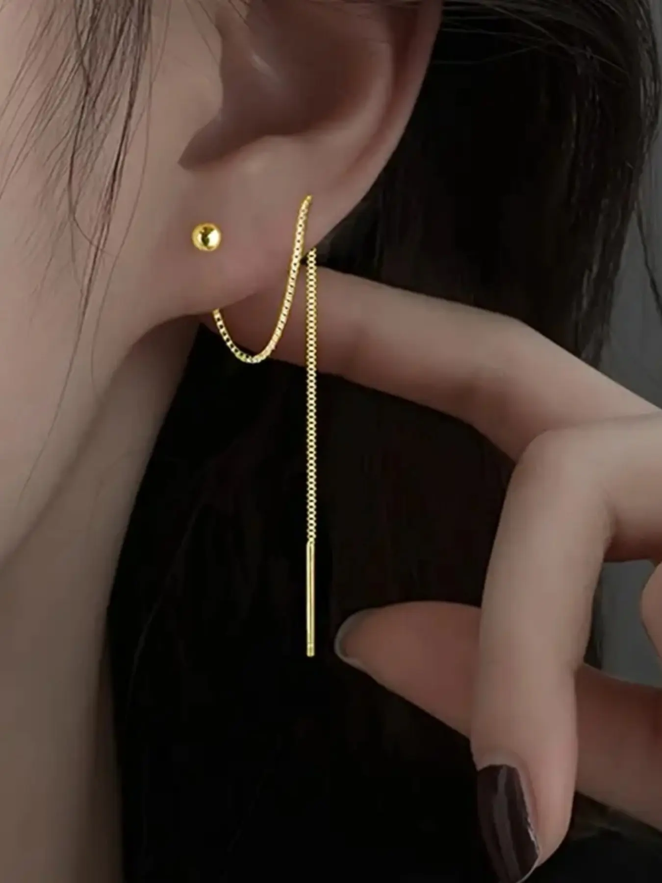 Women's Dual Piercing Chain Earrings, Minimalist Long Tassel Threaded Ear Jewelry, Hypoallergenic Fashion Accessories for Daily Wear