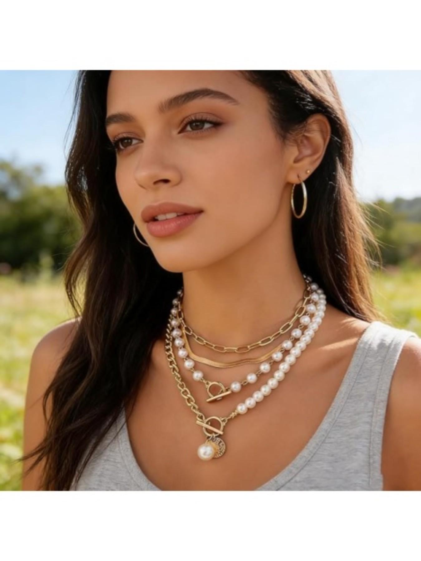 4-Piece Women's Fashion Adjustable Multi-Layer Pearl Stack Necklace Set, Charming Multi-Layer Chain Necklaces, Beach Jewelry