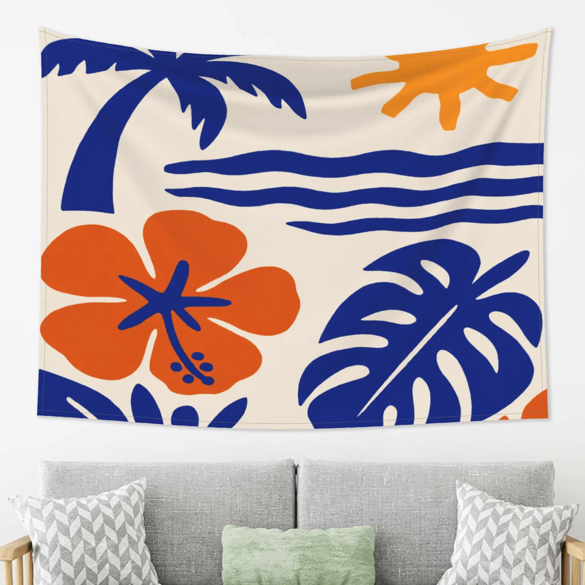 Tropical Wall Hanging Tapestry, Abstract Beach Theme with Palm Trees Hibiscus Flowers and Monstera Leaves, Modern Summer Sunset Wall Art Decor for Living Room Bedroom Dorm, Large Fabric Aesthetic Backdrop,Hippie,UV
