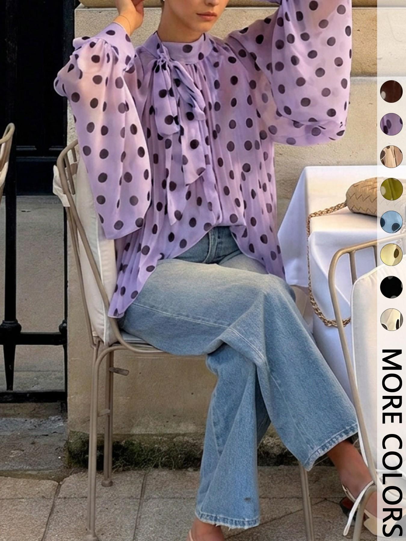 Women's Polka Dot Sheer Chiffon Blouse, Bow Tie Neck & Long-Sleeve Top, Loose Fit Elegant Feminine Shirt for Casual Daily, Party, Commute & Vacation Wear, Spring Summer Layering