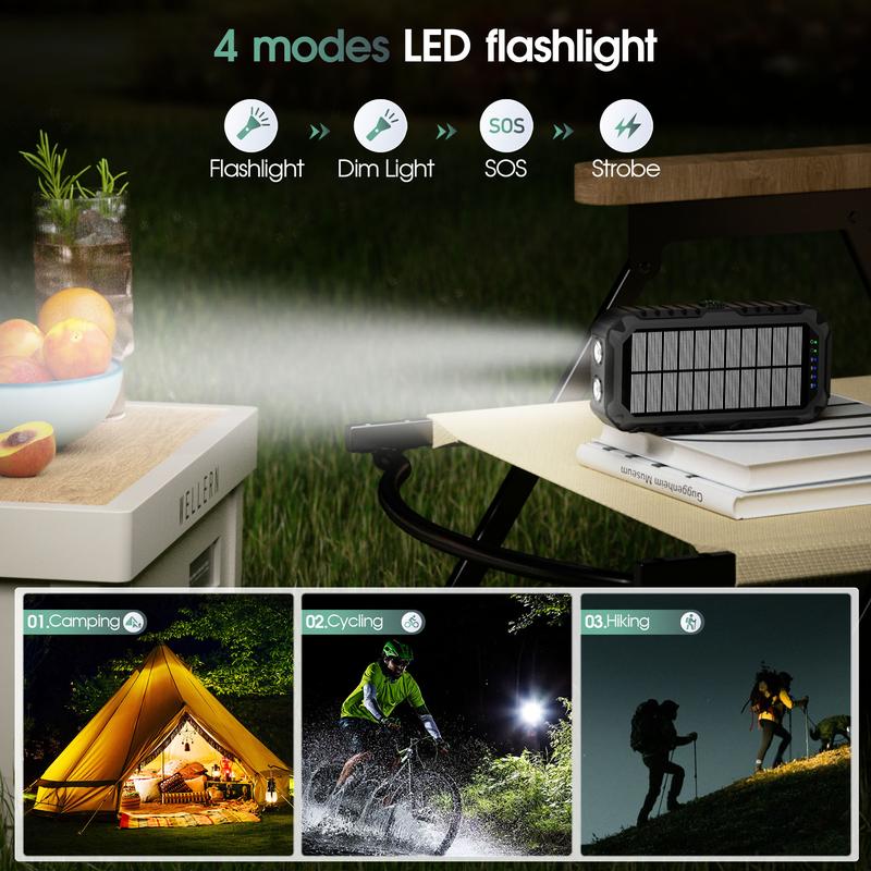 citicr 40000mAh solar hand-held power bank, with 4 built-in cables for output and input, super bright flashlight, level gauge, compass, 6 output PD20W fast charging, hand-cranked point charger, suitable for outdoor camping, fishing, mountain climbing, etc